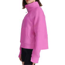 ISEEGZ Womens Fleece Lined Half Zip Pullover Cotton Winter Warm Scuba Collar Sweatshirt for Women with Thumbhole Pocket Rose Pink