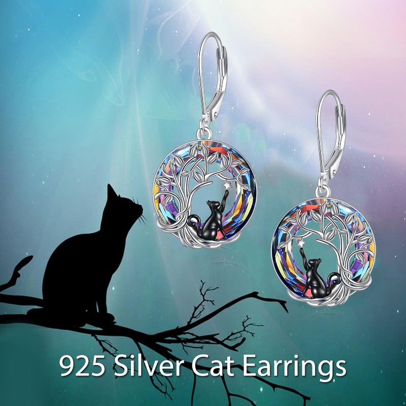 VONALA Black Cat Earrings for Women 925 Sterling Silver Cat