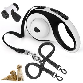 Dual Retractable Dog Leash for 2 Large Dogs (Up to 110LBS Each) - Double Headed Pet Leash with Poop Bags and LED Light, One Button Brake & Lock, 360 Tangle-Free (WHITE, LARGE)