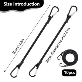 10 PCS Bungee Cords with Carabiner Clips, Heavy Duty Bungee Straps 30 cm Black Bundy Cord with Hooks for Camping, Tarps, Bike Rack, Tent