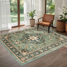 Brevonox Area Rug for Living Room - Vintage Indoor Machine Washable Rug for Bedroom Dinning Room Floor - Soft Low-Pile Carpet Non-Slip Backing Floral Rugs for Office (Forest Green, 6' × 9')