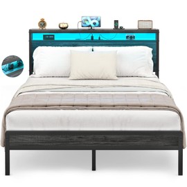 Homieasy Full Size Bed Frame with Headboard, Industrial Metal Full Bed Frame with Charging Station & LED Lights, Noise-Free Platform Bed, No Box Spring Needed, Black Oak