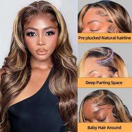 Sunelk 32 Inch Ombre Lace Front Wigs Human Hair Highlight Wig Human Hair 200% Density 4/27 Honey Blonde Body Wave Lace Front Wigs Human Hair Pre Plucked 13x6 HD Lace Frontal Glueless Wig for Women