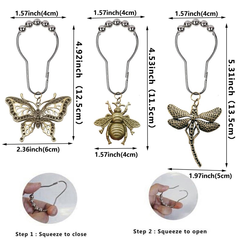 12Pcs Dragonfly Butterfly Bee Shower Curtain Hooks，Rust Proof Stainless Steel