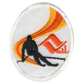 Vail Downhill Skier White 1970s Vintage Embroidered Sew On, Iron On Decorative Original Collector's Patch, 2 1/2 inches diameter