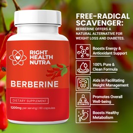 Right Health Nutra - Berberine 1200mg - 60 Capsules - Pure Berberine for Metabolic Support to Fight Free Radicals, Boost Immunity & Balance Microbiome - Vegan & Natural Berberine Capsules