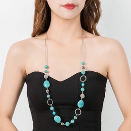 BULINLIN Long Beaded Silver Necklace for Her Crystal Bead Sweater Chain Fashion Jewelry Necklace Birthday Gifts for Women Mum(Turquoise)