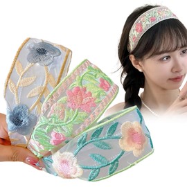 Ypkia 3 Stück Vintage Besticktes Blumen Haarreif Damen Breit Rand Stoff Spitzen-Haarband Haaraccessoire für Frauen