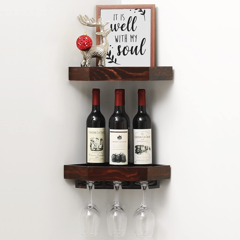 WELLAND Wall Mounted Corner Wine Rack -2 Pack Wooden Rustic