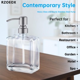Rzoeox Clear Glass Soap Dispenser with Brushed Nickel Pump, 13.5 OZ Liquid Soap Dispenser Square with Stainless Steel Pump for Dish Hand Soap Bathroom Kitchen Vanity Countertop