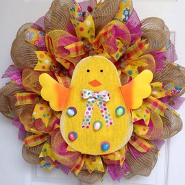 Easter Wreath with Big Yellow Chick Handmade Deco Mesh