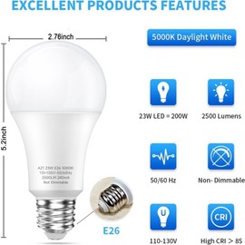 LEDERA 150 Watt LED Bulb, Energy Saving 23W Warm White Bulb 3000K, 2500 Lumens A21 LED Bulb 150W-200W, No-Flikcer E26 Medium Base for Home Office Mall Factory, Non-Dimmable, 4Pack
