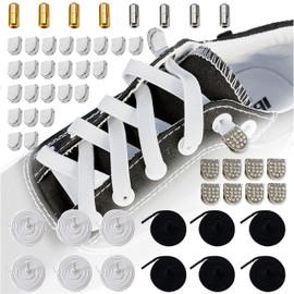 WanderGo Elastic No Tie Shoe Laces, 6 Pair of Elastic Shoe Laces with 20 Pair Metal Buckes One Size Fits All Adult and Kids Shoes(3 White+3 Black)