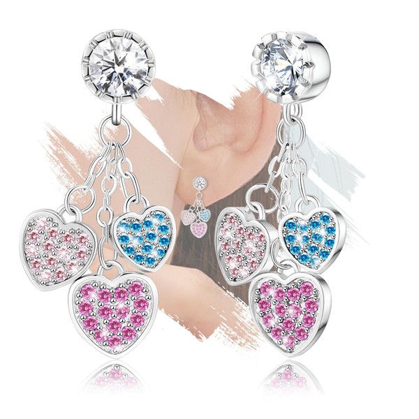 Women’s Sterling Silver Heart-Shaped Stud Earrings Hypoallergenic Sparkling Colorful Cubic