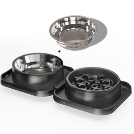 FURNIPLUS Set of 2 Stainless Steel Dog Food and Water Bowl with Puzzle Dish, Freely Combinable Feeding Set for Dogs Cats, Spill Proof Neater Dog Bowls, Pet Feeder Bowl for Puppy Small Breeds