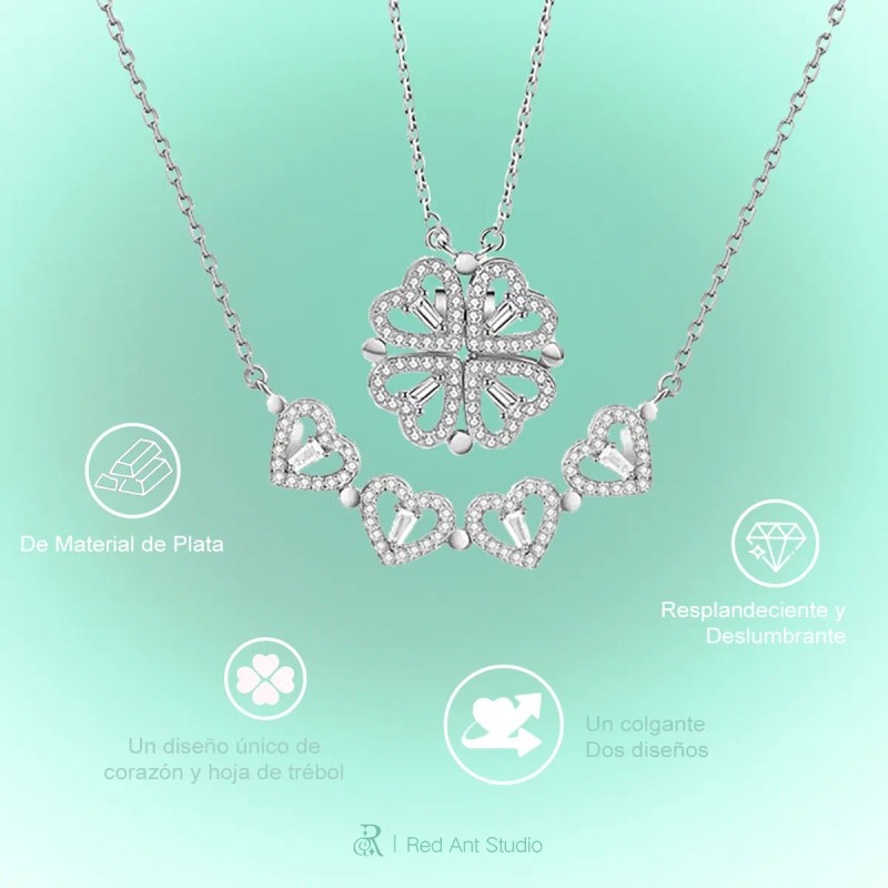 Collar Convertible Plata 925 Corazón Y Trébol De 4 Hojas