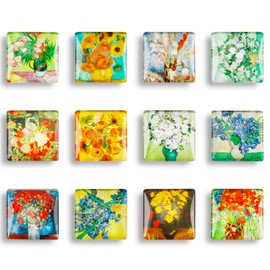 Square Fridge Magnet Crystal Glass Van Gogh Oil Painting Refrigerator Magnets,Cute Kitchen Magnets for Office Whiteboard, Cabinet, Dishwasher, Locker（12Pcs）