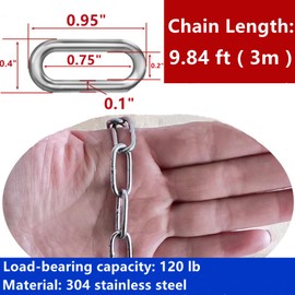 304 Stainless Steel Chain Metal Chain Utility Small Strong Chainlink Metal Decorative Chain for Home Outdoor Camping Hanging Pet Chain Prevention Theft （0.1"Diameter，9.84 ft Long）