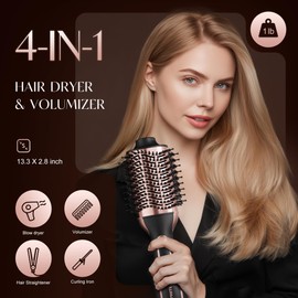 PRITECH 1000W 4 in 1 Hair Dryer Blow Dryer Brush in One,Dual Voltage Hair Dryer and Styler Volumizer with Oval Barrel, Professional Salon Hot Air Brush for All Hair Types (Black Gold)