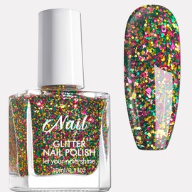 Confetti Glitter Nail Polish, Air Dry Rainbow Sparkle Nail Polish, Chunky & Fine Colorful Glitter Gel Polish, Vegan Chunky Sparkly Nail Polish for Women Girls, Non Toxic Shimmer Nail Polish, 10ML