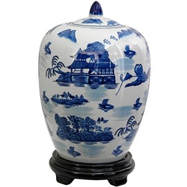 Red Lantern 11" Landscape Blue & White Porcelain Vase Jar