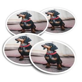 Vinyl Round Stickers (Set of 4) 10cm - Dachshund Dog Black Red Collar for Laptops, Tablets, Luggage, Scrap Booking, Fridges #63077
