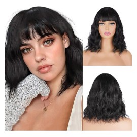 Pelucas Para Mujer Ondulada Corto Pelo Negra Cabello Natural