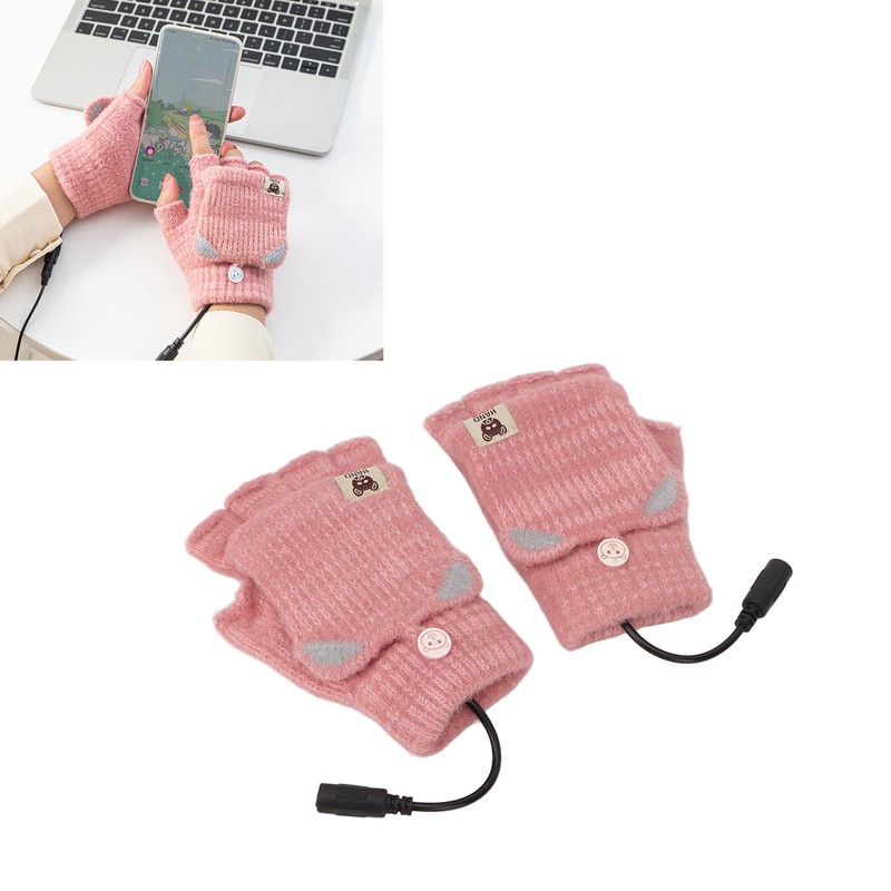 USB Heated Gloves Mitten Men Women Winter Knitted Fingerless Hand