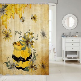 Yellow Bee Bathroom Shower Curtains,Sweet Honey Can Shower Curtain For Teens Adult Women,Gerbera Floral Bath Curtain Set Waterproof With Hooks,Vintage Cartoon Shower Stall Curtain,72"W X 72"L