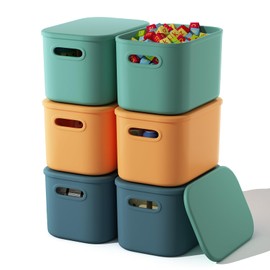 ORGIDOL 6 Pack Colorful Storage Bins with Lids Stackable Storage Container for Organizing, Storage Boxes with Handle for Shelves, Cute Storage Bin for Craft, Snacks, 9.85x6.9x5.7 inch