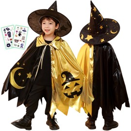 Gokei Halloween Cosplay, Children, Cloak with Hat, 2 Tattoo Stickers, Costume, Cosplay Clothes, Kids, Witch, Boys, Girls, Parties, Events, Sparkling, Poncho, Tongue Hat, Performance, Halloween Costume