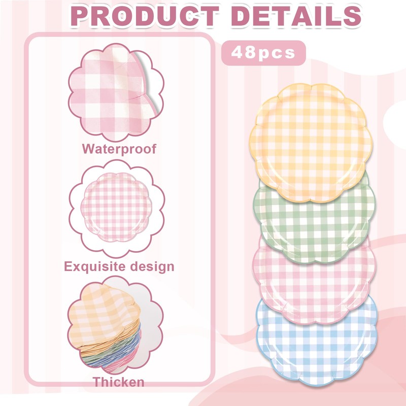 48Pcs Pastel Plaid Paper Plates, Scalloped, 9 Inch, 4 Colors