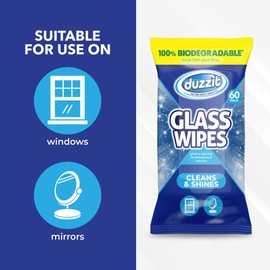 Duzzit Glass Wipes - Cleans & Shines | 100% Biodegradable - Made From Plant Fibres | Suitable for Windows, Glass Objects and Mirrors (60 Biodegradable Wipes)