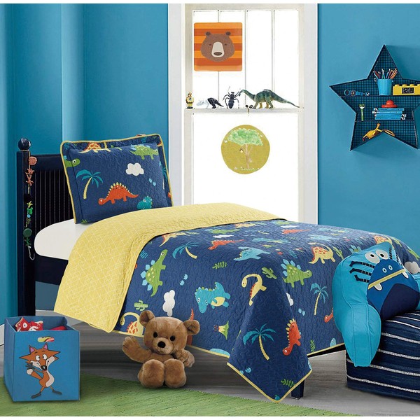 All American Collection 2pc Kids Dinosaur Printed Soft Comfy Bedroom Bedspread Quilt Set (Navy/Yellow, Twin)