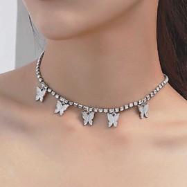 Cimenexe Bohemian Butterfly Dangle Necklace Crystal Butterfly Pendant Necklace Chain Silver Rhinestone Chain Choker Necklace Vintage Tennis Collarbone Necklace Chain Jewelry for Women and Girls