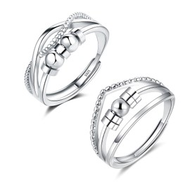 Glintara 925 Sterling Silver Anxiety Ring, 2PCS Silver Fidget Ring for Anxiety Women, Stress Spinner Rings with Beads, Adjustable Open Anti-Stress Rings, Hypoallergenic Stress Relief Ring for Unisex