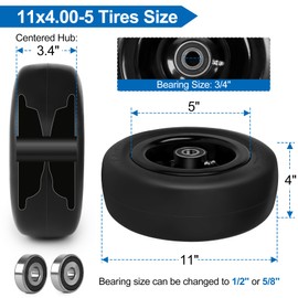 phepetroll 11x4.00-5 Flat Free Lawn Mower Tires and Wheels 3/4" 5/8" 1/2" Ball Bearings, 3.25"-5.5" Centered Hub 11x4-5 Zero Turn Mower Front Tires, Smooth Wheels for Commercial Grade Lawn