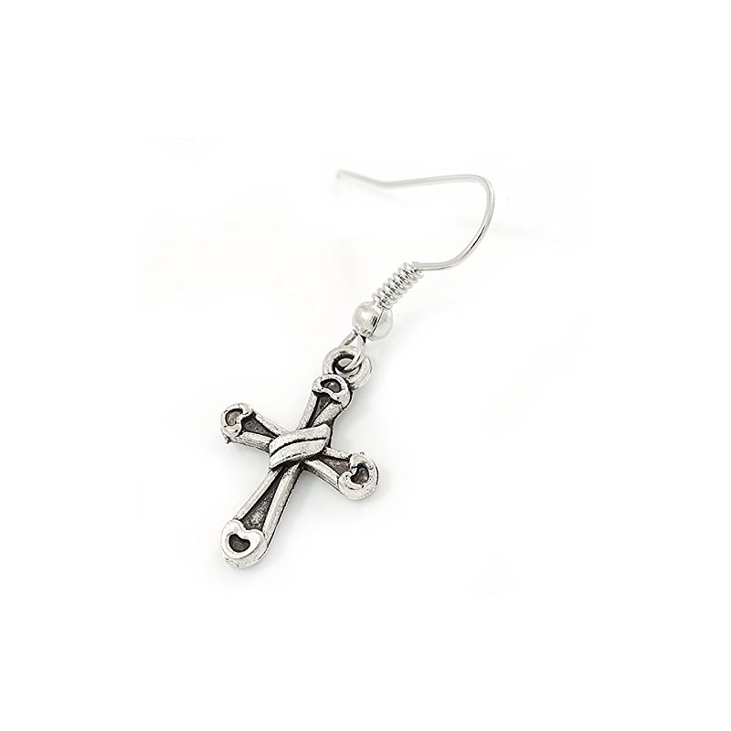 Burnt Silver Cross Drop Earrings - 35mm L