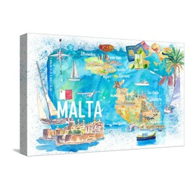 ART.COM Stretched Canvas Print Malta Illustrated Island Travel Map with Roads and Highlights by M. Bleichner, 18" x 12"
