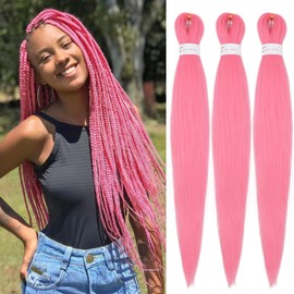 IXIMII Pink Braiding Hair Pre Stretched 26 inch 3 packs Soft Pre-Stretched Kanekalon Braiding Hair Long Straight EZ Crochet Braids Yaki Texture Synthetic Hair Extensions Hot Water Setting
