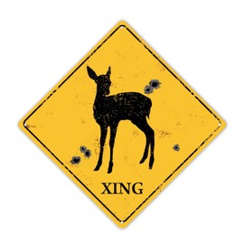 Shabby Chic Deer Crossing Sign with Bullet Holes,Gunshot Deer Sign,Hunting Sign,Deer Metal Road Sign Funny Xing Tin Sign Street Sign Tin Sign Lawn Garden Yard House Room Decor 12" X 12"