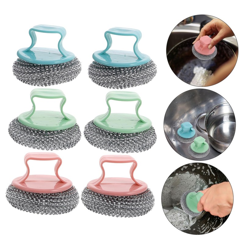 FOMIYES 6pcs Detachable Handle Stainless Steel Pot Scrubber Heavy Duty