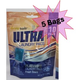 NO 5 Bags ULTRA Laundry Detergent Pacs, Fresh Scent, 10 Count (50 Total)