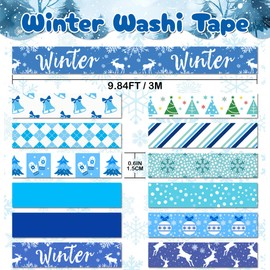 NIKOMIE Winter Washi Tape Set,12 Rolls Blue White Holiday Decorative Tape Snowflake Xmas Tree Bell Reindeer Masking Tape for Journaling Supplies,Journal,Scrapbooking,DIY Arts & Crafts, Gift Wrapping