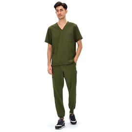 COZYFIT Scrubs for Men — 4 Pockets V-Neck Scrub Top and 7 Pockets Jogger Pants Mens Scrubs Set, Olive Green, XL