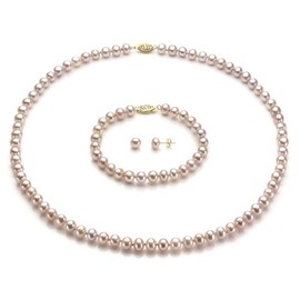 14K Yellow Gold 6-6.5mm Pink Freshwater Cultured Pearl Necklace, Bracelet and Stud Earrings Set