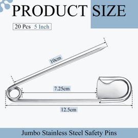Juexica 20 Pcs 5 Inch Jumbo Stainless Steel Safety Pins Large Heavy Duty Huge Strong Laundry Pins for Upholstery Sewing Quilting Key Rings Craft Outdoor (Silver)