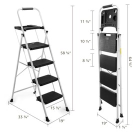 4-Step Ladder with Tool Platform, Wide Anti-Slip Platform & Thick Rubber Feet - Lightweight Heavy Duty Foldable & Portable - 330 lbs Capacity, Rubber Handgrip, Folding Step Stool - White