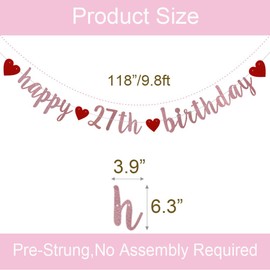 Happy 27th Birthday Banner, Pre-Strung,Rose Gold Glitter Paper Garlands for 27th Birthday Party Decorations Supplies, No Assembly Required,Rose Gold,SUNbetterland