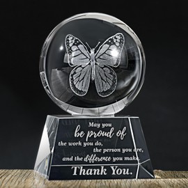 Wonderjune Employee Appreciation Gifts for Women 3D Crystal Keepsake Thank You Gift for Women 3D Butterfly Ball Coworker Nurse Inspirational Gifts Teacher Gifts Office Table Desk Decor Paperweight
